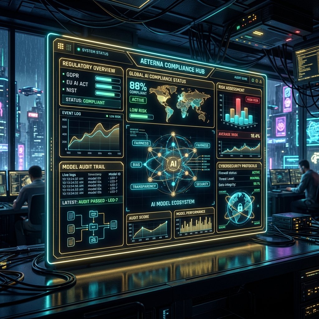 Futuristic compliance checklist showing standard compliance badges and security verification certificates