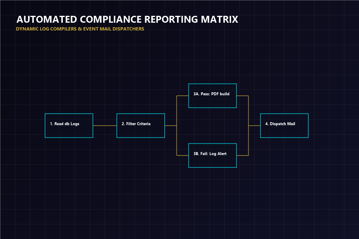 Automated Compliance Reporting Matrix flowchart detailing log compilers and mail dispatch checkpoints