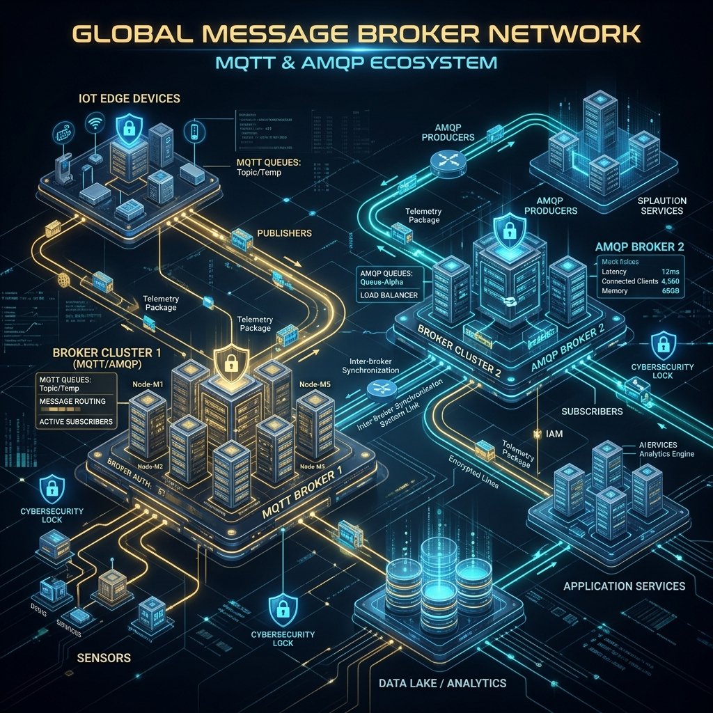 MQTT message broker topology illustrating telemetry packages data flows
