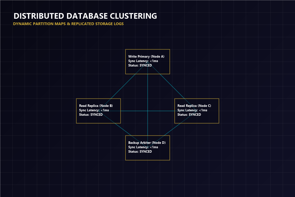 Distributed Database Clustering diagram displaying partition maps and replicated server nodes
