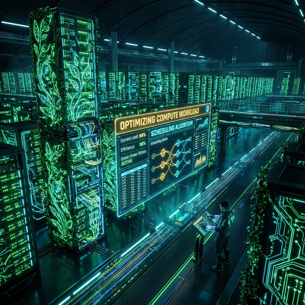 Green data center with computing server nodes wrapped in leaf patterns for eco efficiency