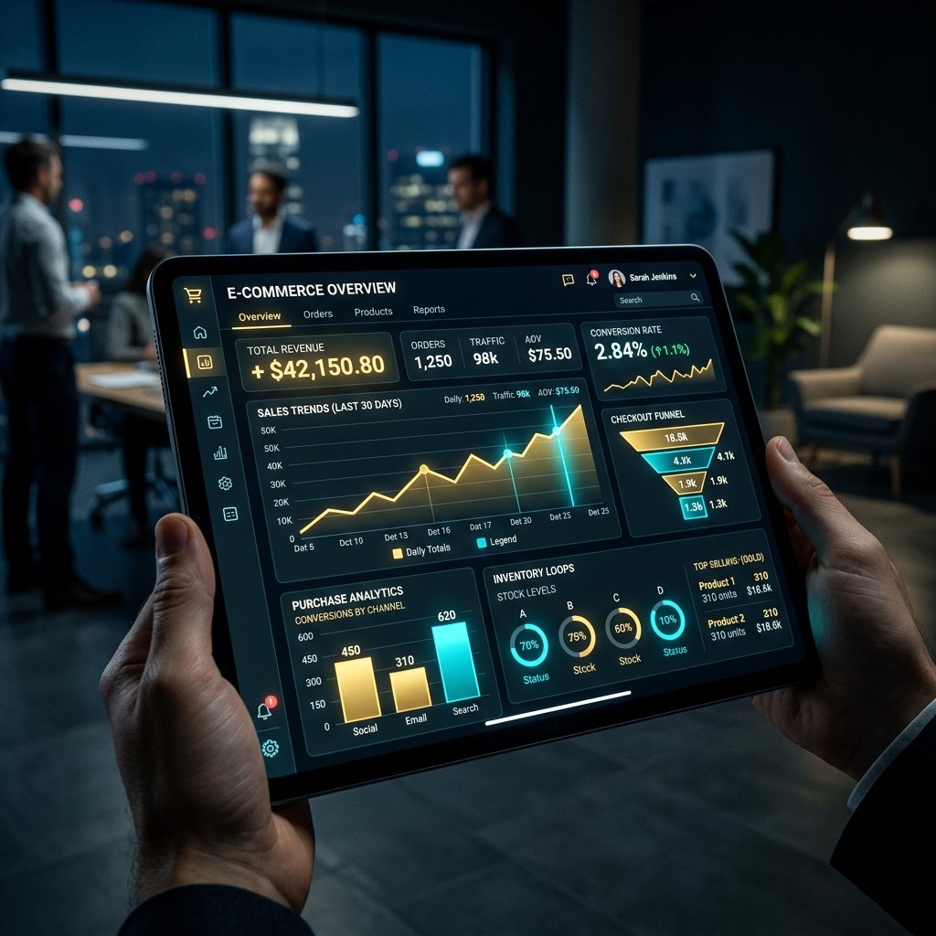 Dynamic e-commerce tablet displaying sales charts and inventory metric dashboards
