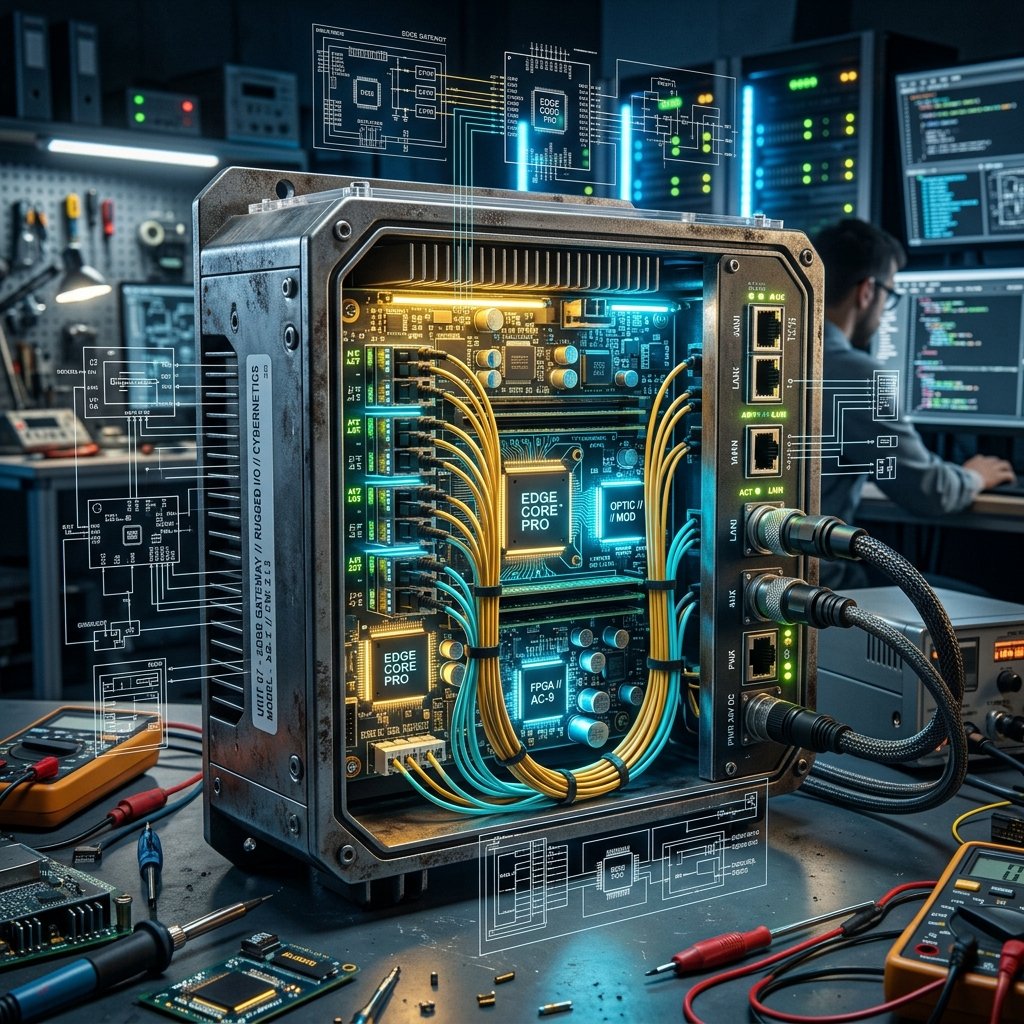 Inside view of industrial edge gateway processor unit showing microchips and connectors