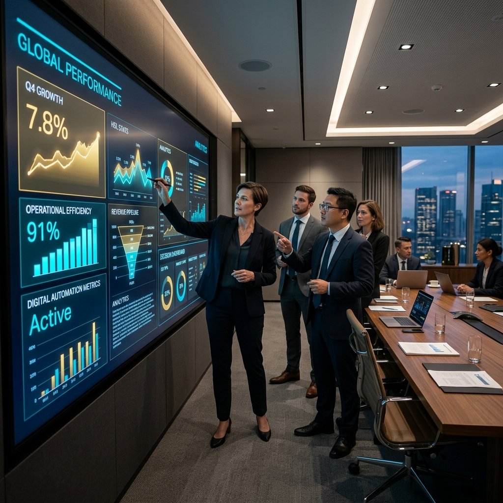 High-level corporate executives evaluating interactive tech analytics display
