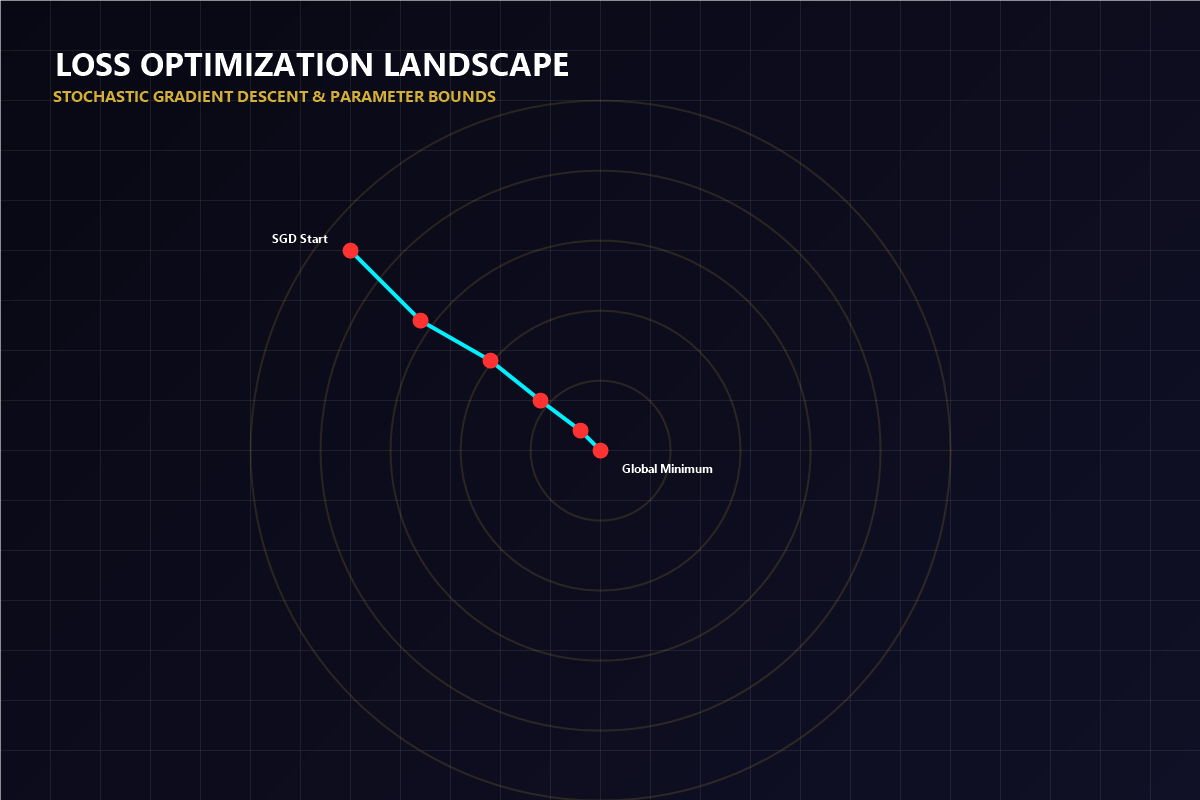 Loss landscape optimization chart displaying concentric loss bounds and gradient descent steps