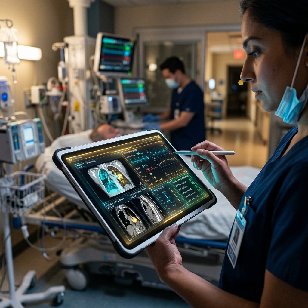 Clinical tablet interface showing medical imaging analytics