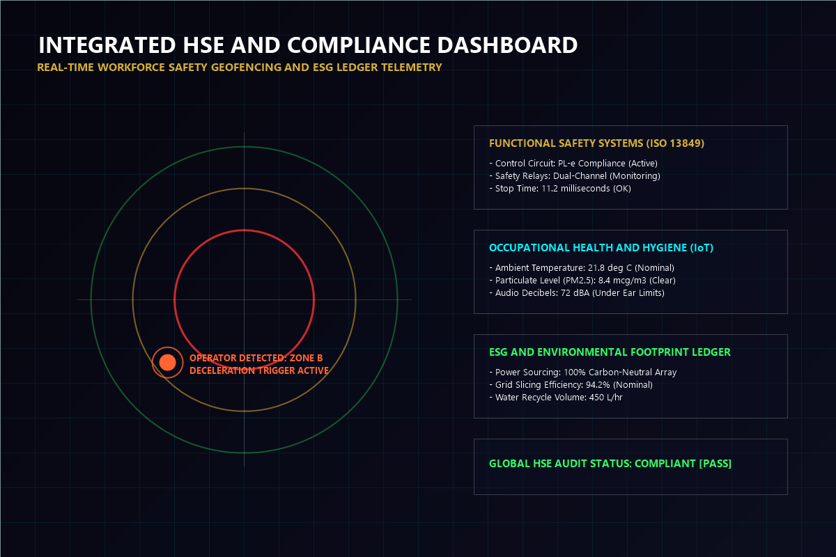 Integrated HSE and Compliance Dashboard showing geofencing radar and safety status telemetry cards