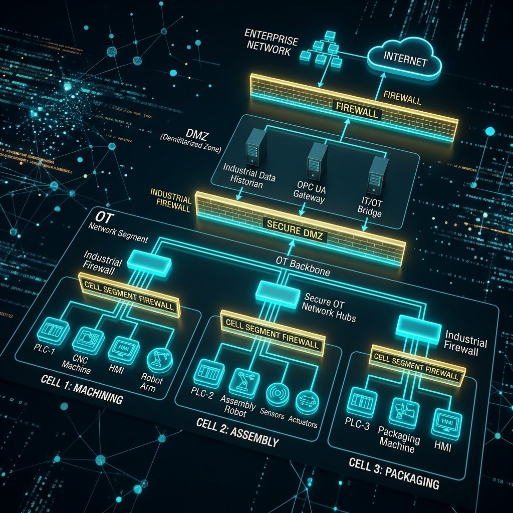 Operational technology OT segment isolation showing DMZs and firewall protections