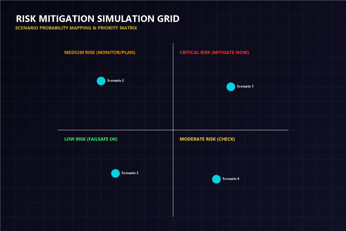Risk Mitigation Simulation Grid displaying quadrants and mapped scenario nodes