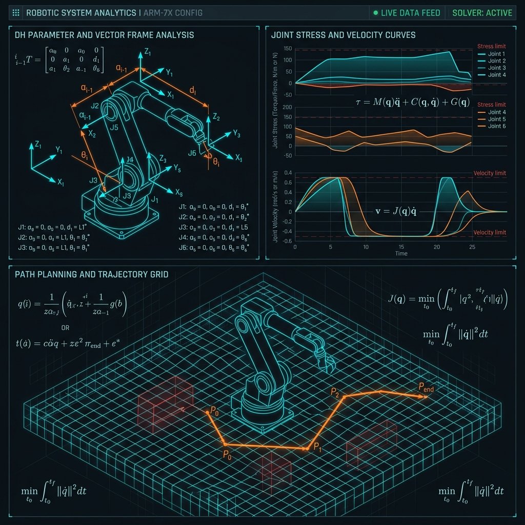 Technical diagram showing DH parameter vector lines, joint stress velocity curves, and path planning grids of an articulated robot arm