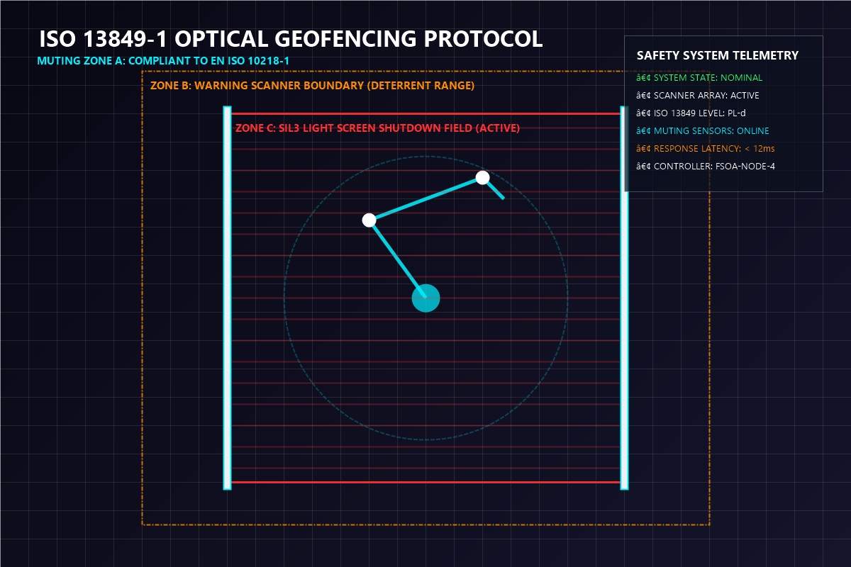 High-tech factory geofencing layout, displaying human-safety laser boundaries, virtual light screens, and safety warning indicators