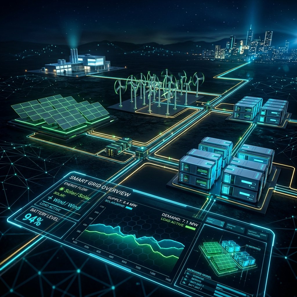 Smart energy microgrid topology with solar panels and battery storage nodes